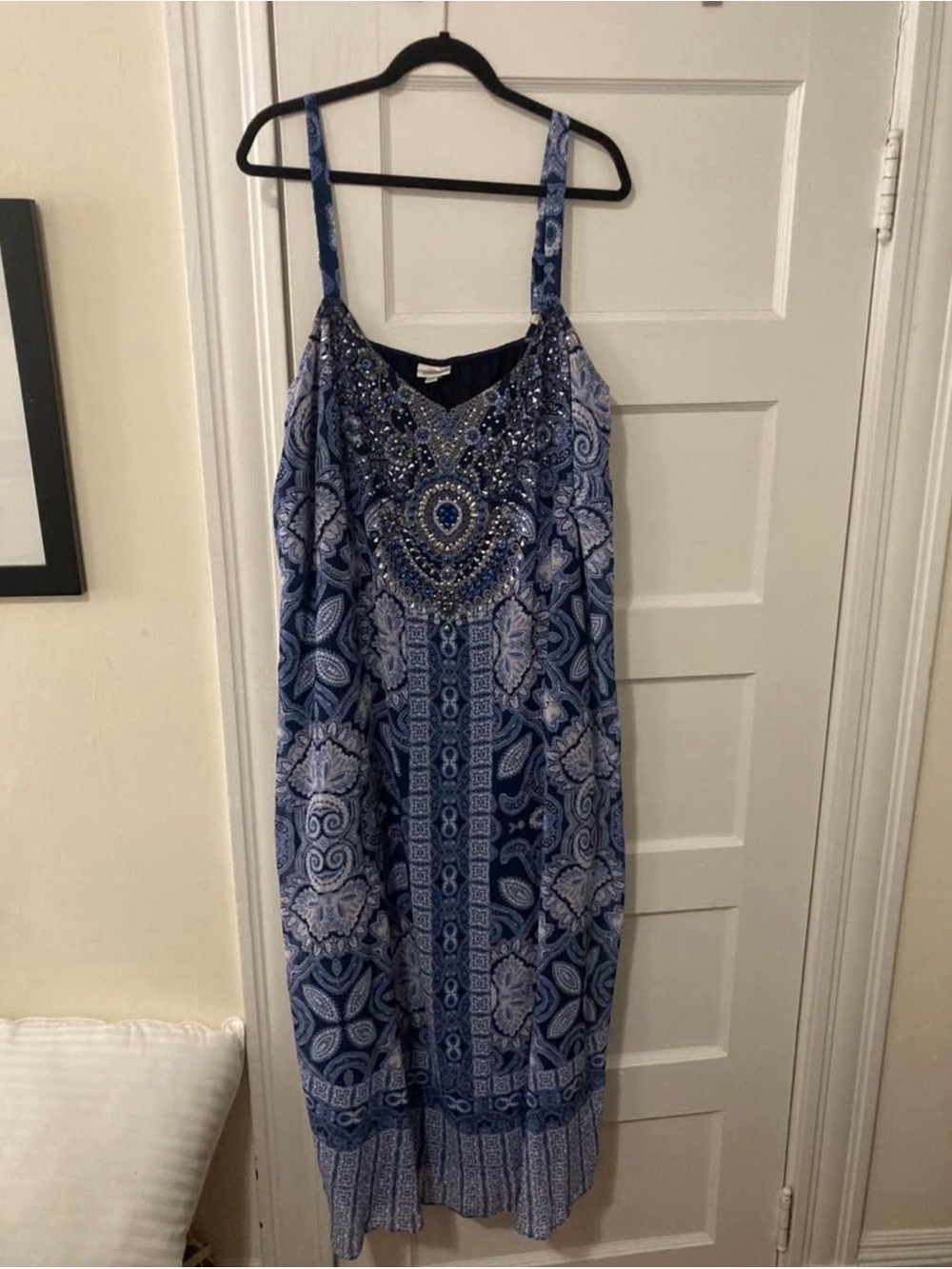 Avenue Blue Patterned Beaded Strap Maxi Dress
